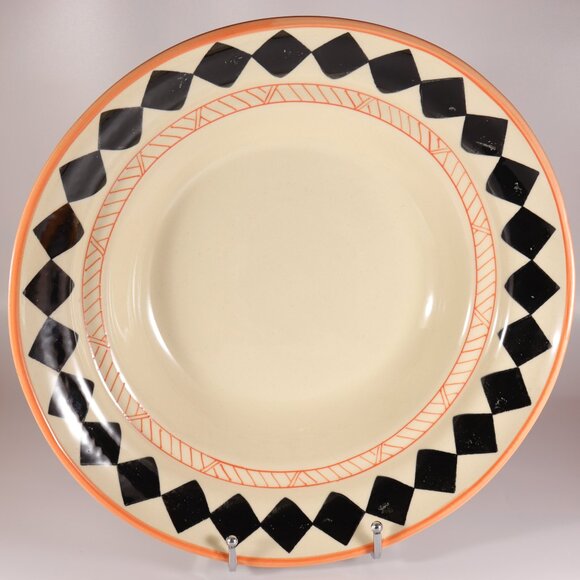 Hartstone Pottery USA Center Diamond Pasta Bowl Black & Peach Stamped Vintage - Picture 1 of 4